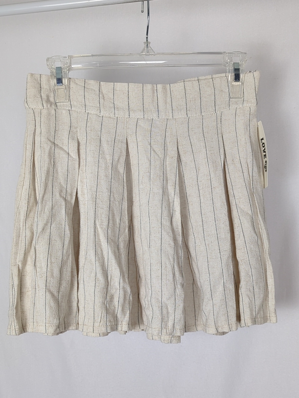 LOVE 83 Linen-Blend Cream Pinstripe Pleated Skirt